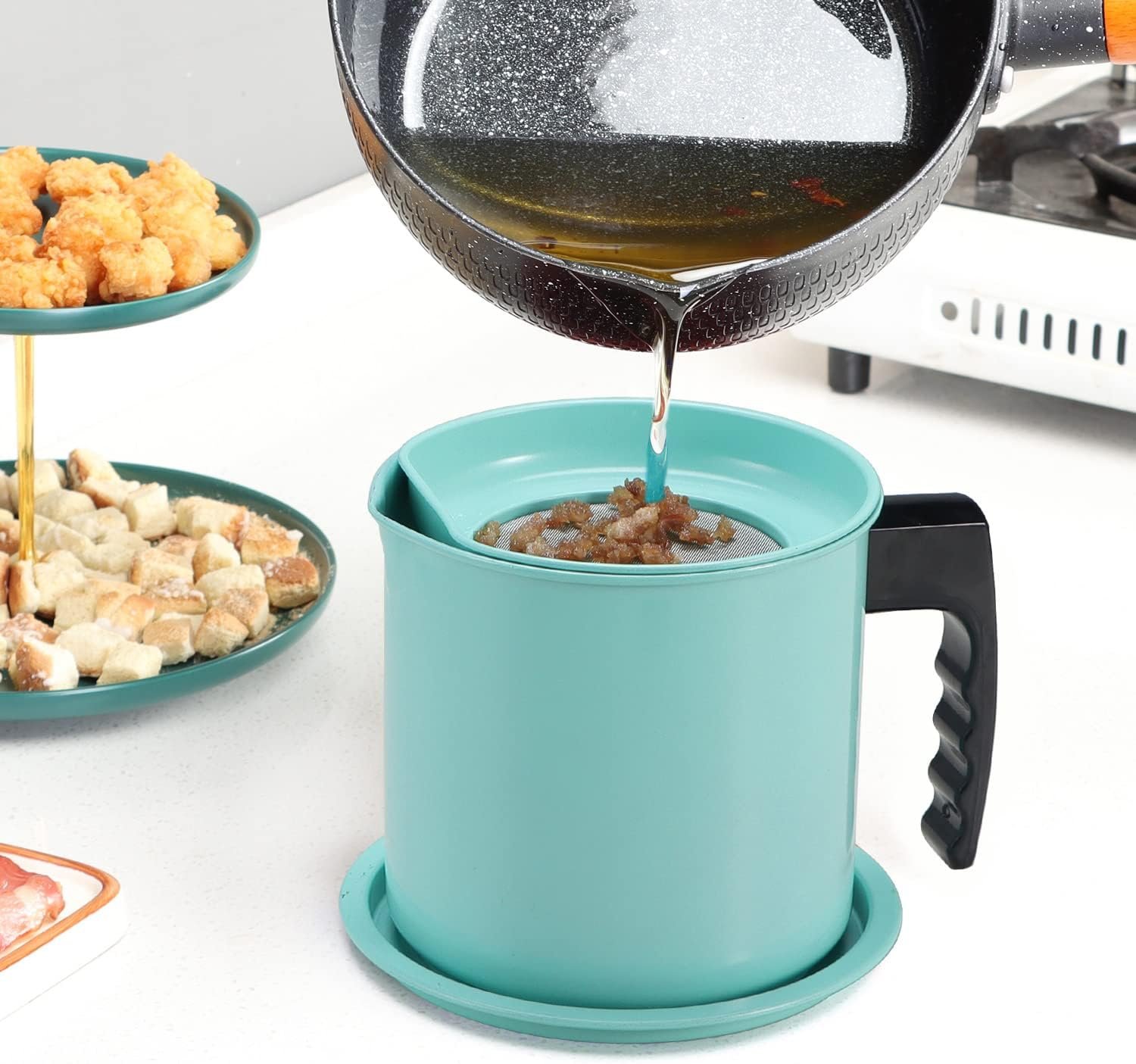 Cambom Contenedor de grasa de tocino con colador de malla fina, 1.3 l/casi 6 tazas completas, lata de aceite de cocina de hierro con bandeja extraíble para almacenamiento de grasa de cocina - Imagen 15