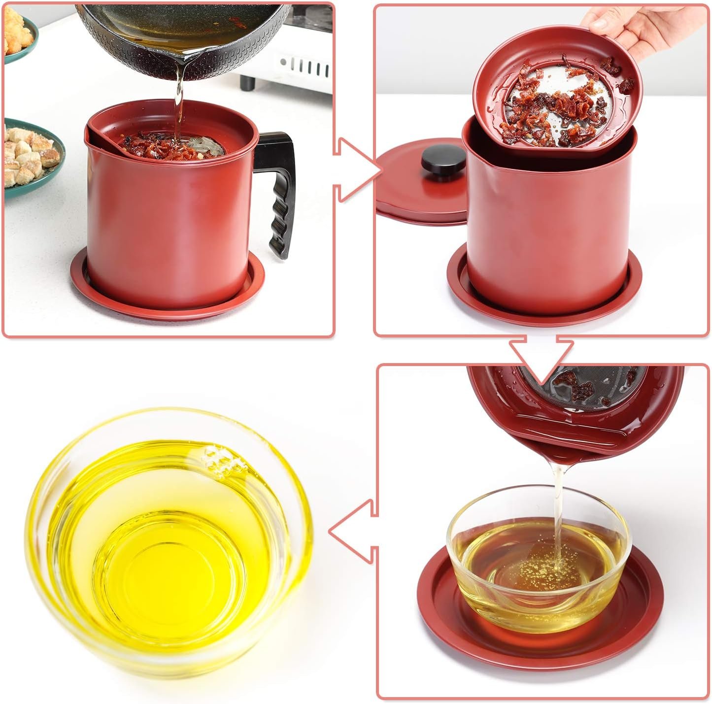 Cambom Contenedor de grasa de tocino con colador de malla fina, 1.3 l/casi 6 tazas completas, lata de aceite de cocina de hierro con bandeja extraíble para almacenamiento de grasa de cocina - Imagen 22