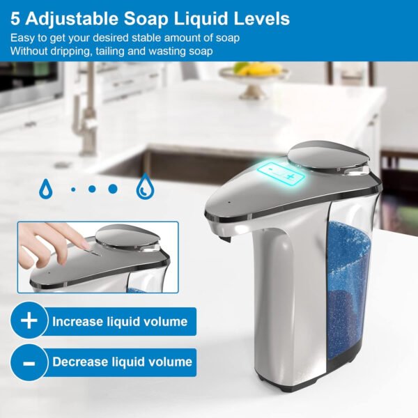 Dispensador automático de jabón, dispensador de jabón para platos sin contacto de 17 oz/16.9 fl oz con sensor infrarrojo, 5 niveles de jabón ajustables, dispensador de líquido para baño y - Imagen 4