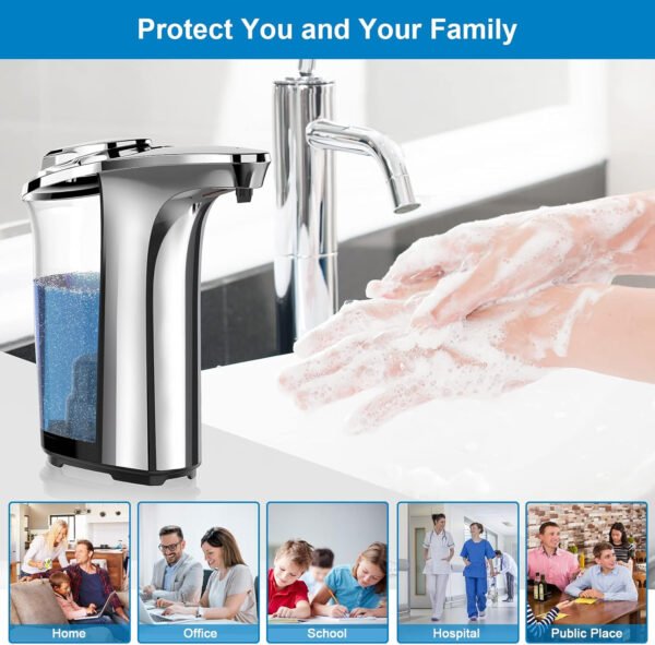 Dispensador automático de jabón, dispensador de jabón para platos sin contacto de 17 oz/16.9 fl oz con sensor infrarrojo, 5 niveles de jabón ajustables, dispensador de líquido para baño y - Imagen 7