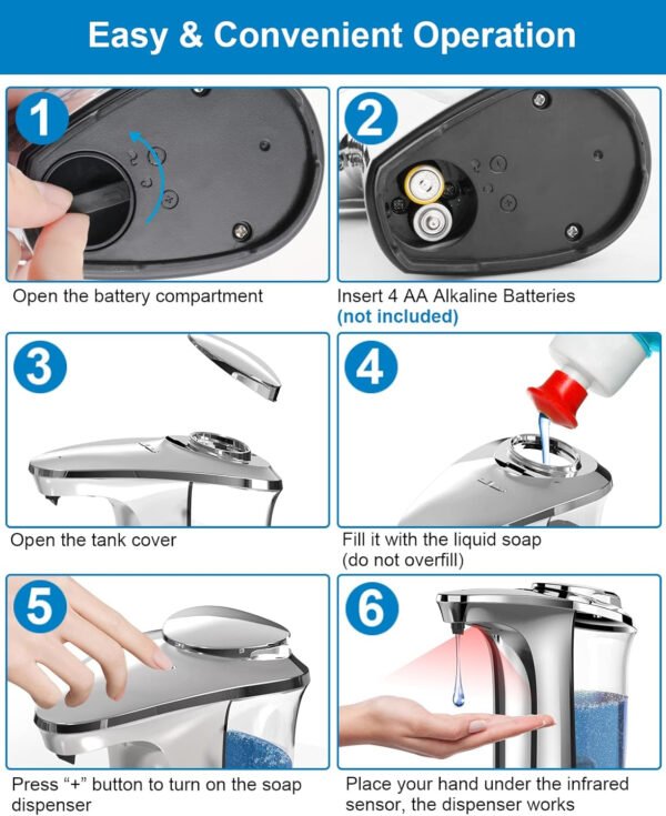 Dispensador automático de jabón, dispensador de jabón para platos sin contacto de 17 oz/16.9 fl oz con sensor infrarrojo, 5 niveles de jabón ajustables, dispensador de líquido para baño y - Imagen 8