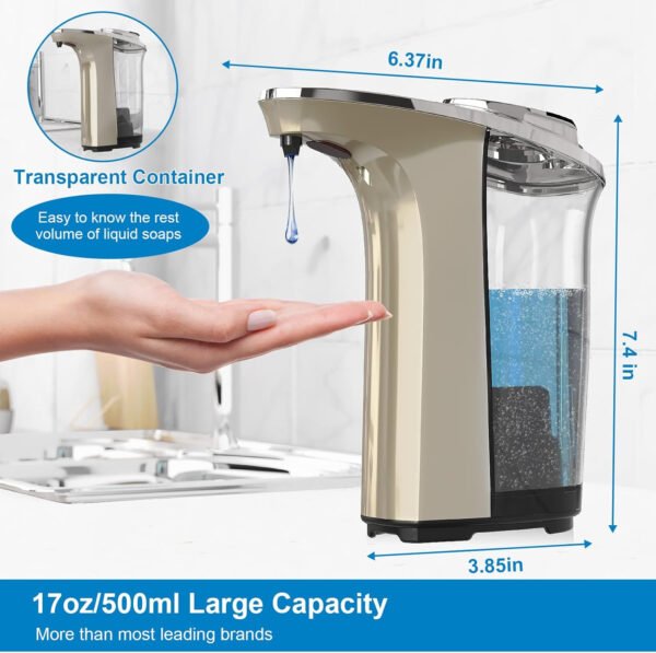 Dispensador automático de jabón, dispensador de jabón para platos sin contacto de 17 oz/16.9 fl oz con sensor infrarrojo, 5 niveles de jabón ajustables, dispensador de líquido para baño y - Imagen 11