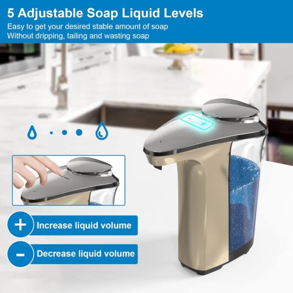 Dispensador automático de jabón, dispensador de jabón para platos sin contacto de 17 oz/16.9 fl oz con sensor infrarrojo, 5 niveles de jabón ajustables, dispensador de líquido para baño y - Imagen 13