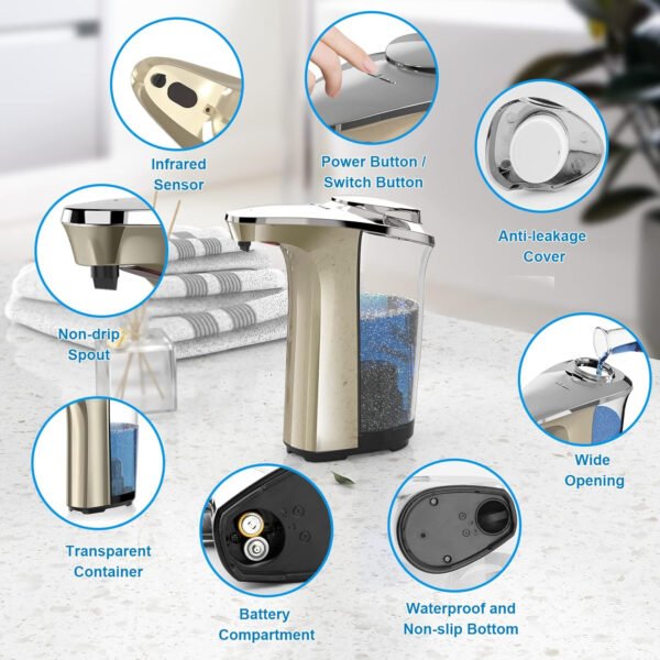 Dispensador automático de jabón, dispensador de jabón para platos sin contacto de 17 oz/16.9 fl oz con sensor infrarrojo, 5 niveles de jabón ajustables, dispensador de líquido para baño y - Imagen 15