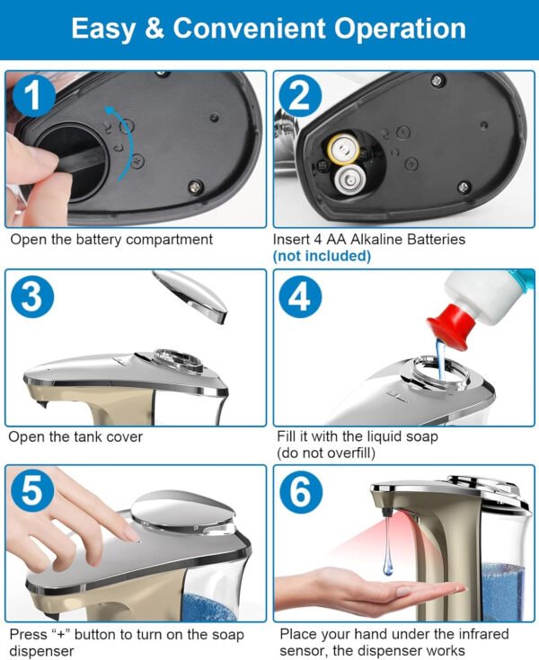 Dispensador automático de jabón, dispensador de jabón para platos sin contacto de 17 oz/16.9 fl oz con sensor infrarrojo, 5 niveles de jabón ajustables, dispensador de líquido para baño y - Imagen 17
