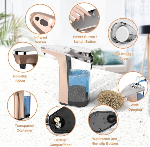 Dispensador automático de jabón, dispensador de jabón para platos sin contacto de 17 oz/16.9 fl oz con sensor infrarrojo, 5 niveles de jabón ajustables, dispensador de líquido para baño y - Imagen 22