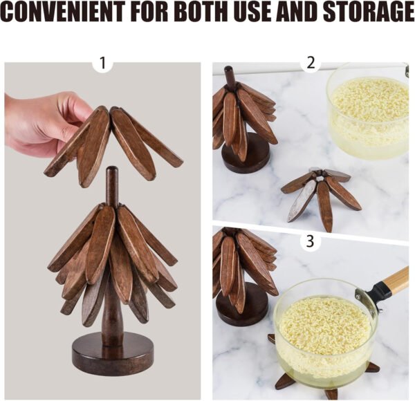 Salvamanteles de madera para platos calientes, juego de salvamanteles de madera en forma de árbol, incluye 4 salvamanteles con soporte, madera de haya (nogal) - Imagen 6
