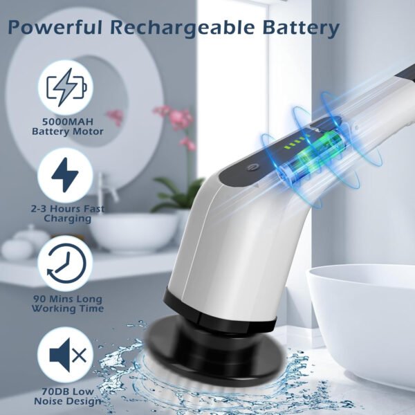 Limpiador eléctrico giratorio, cepillo de limpieza inalámbrico para el hogar, 400 RPM/Mins-8 cabezales de cepillo reemplazables, tiempo de trabajo de 90 minutos, 3 tamaños ajustables, 2 - Imagen 3