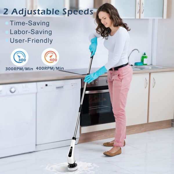 Limpiador eléctrico giratorio, cepillo de limpieza inalámbrico para el hogar, 400 RPM/Mins-8 cabezales de cepillo reemplazables, tiempo de trabajo de 90 minutos, 3 tamaños ajustables, 2 - Imagen 5