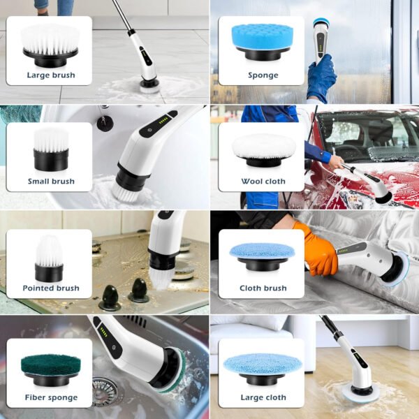 Limpiador eléctrico giratorio, cepillo de limpieza inalámbrico para el hogar, 400 RPM/Mins-8 cabezales de cepillo reemplazables, tiempo de trabajo de 90 minutos, 3 tamaños ajustables, 2 - Imagen 6