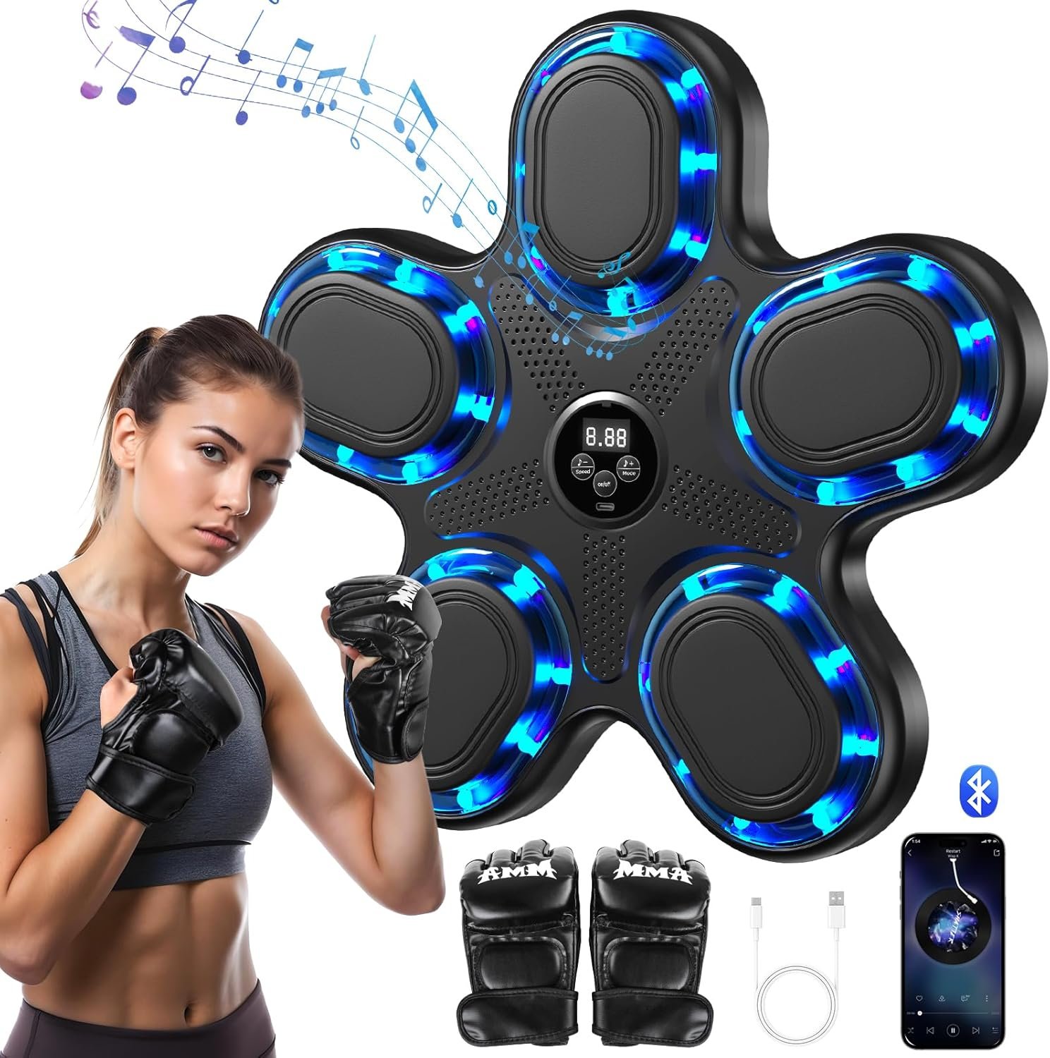 Máquina de boxeo musical mejorada 2025 – Equipo de fitness inteligente con Bluetooth montado en la pared con contador de perforaciones, velocidad ajustable, guantes premium incluidos – Compañero de