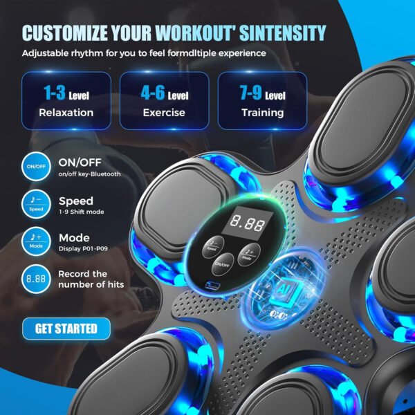 Máquina de boxeo musical mejorada 2025 – Equipo de fitness inteligente con Bluetooth montado en la pared con contador de perforaciones, velocidad ajustable, guantes premium incluidos – Compañero de - Imagen 3