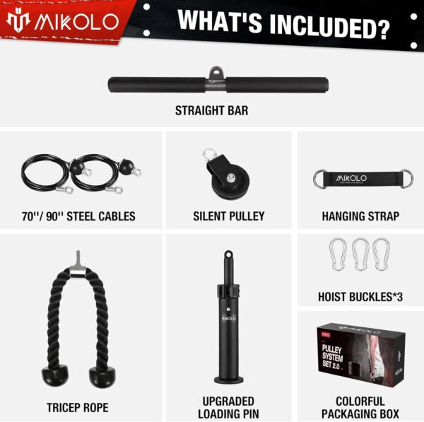 Mikolo Fitness LAT y sistema de polea de elevación, máquina de doble cable (70 y 90 pulgadas) con pasador de carga mejorado para tríceps tirar, flexión de bíceps, espalda, antebrazo, hombro y equipo - Imagen 2