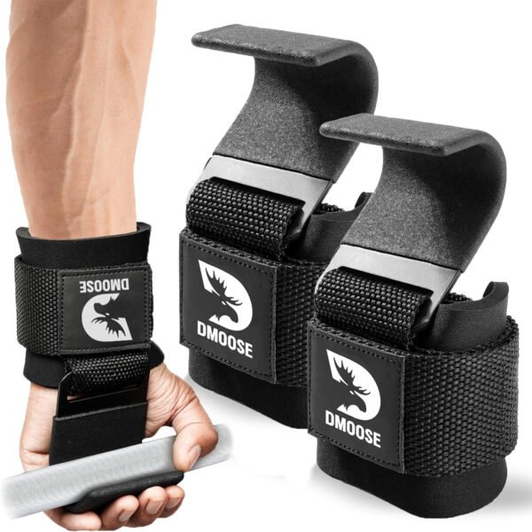 DMoose Fitness Ganchos de levantamiento de pesas para hombres y mujeres (par) – Acolchado de muñeca de 0.315 pulgadas de grosor – Empuñaduras de peso para levantamiento de pesas, encogimiento, filas y