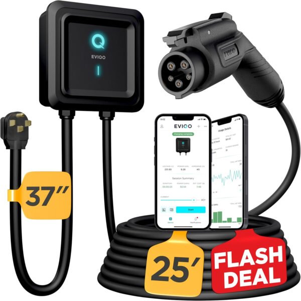 EVIQO Cargador EV de nivel 2 – Cargador EV de pared para el hogar nivel 2 48 amperios para coche eléctrico – 240 V NEMA 14-50 Enchufe 11.5kW EVSE J1772 Cargadores, Energy Star/UL – Estaciones de carga