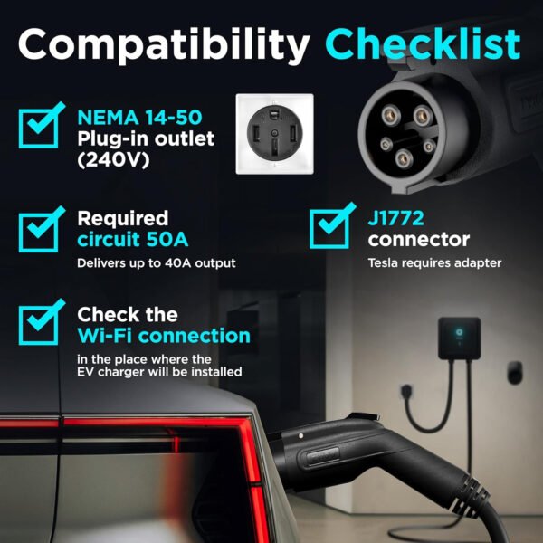 EVIQO Cargador EV de nivel 2 – Cargador EV de pared para el hogar nivel 2 48 amperios para coche eléctrico – 240 V NEMA 14-50 Enchufe 11.5kW EVSE J1772 Cargadores, Energy Star/UL – Estaciones de carga - Imagen 2