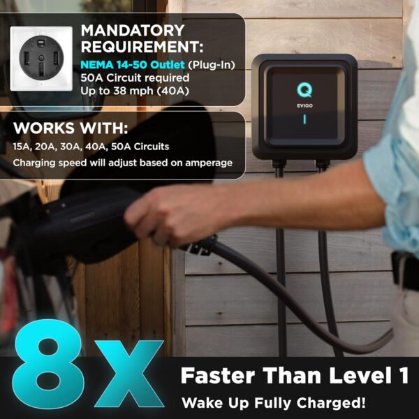 EVIQO Cargador EV de nivel 2 – Cargador EV de pared para el hogar nivel 2 48 amperios para coche eléctrico – 240 V NEMA 14-50 Enchufe 11.5kW EVSE J1772 Cargadores, Energy Star/UL – Estaciones de carga - Imagen 11