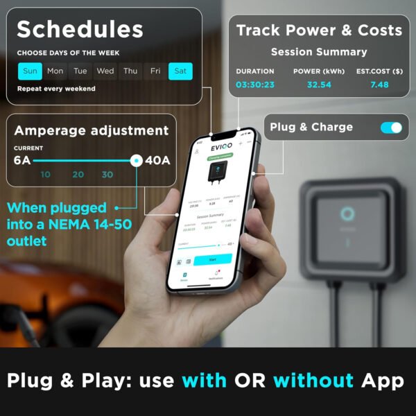 EVIQO Cargador EV de nivel 2 – Cargador EV de pared para el hogar nivel 2 48 amperios para coche eléctrico – 240 V NEMA 14-50 Enchufe 11.5kW EVSE J1772 Cargadores, Energy Star/UL – Estaciones de carga - Imagen 12