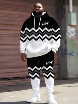Conjunto de sudadera con capucha en zigzag negro y blanco con la letra KING, conjunto deportivo de 2 piezas con rayas reflectantes para hombres de talla grande