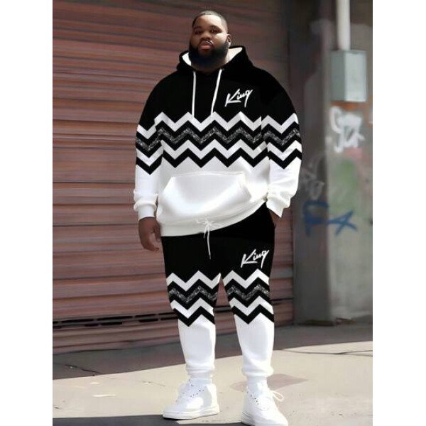Conjunto de sudadera con capucha en zigzag negro y blanco con la letra KING, conjunto deportivo de 2 piezas con rayas reflectantes para hombres de talla grande