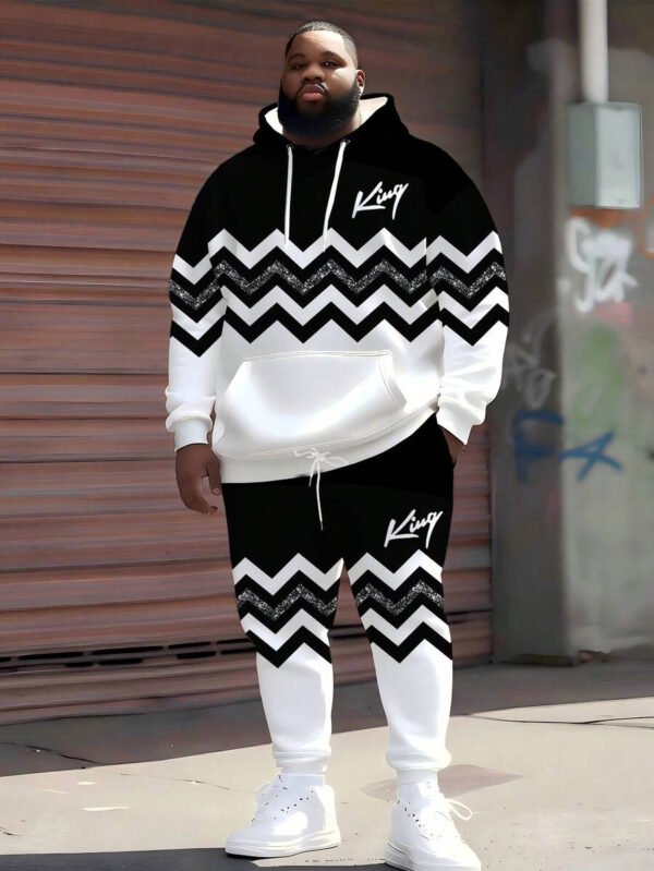 Conjunto de sudadera con capucha en zigzag negro y blanco con la letra KING, conjunto deportivo de 2 piezas con rayas reflectantes para hombres de talla grande - Imagen 2