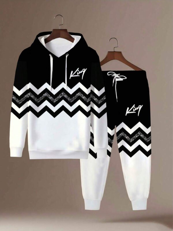 Conjunto de sudadera con capucha en zigzag negro y blanco con la letra KING, conjunto deportivo de 2 piezas con rayas reflectantes para hombres de talla grande - Imagen 3