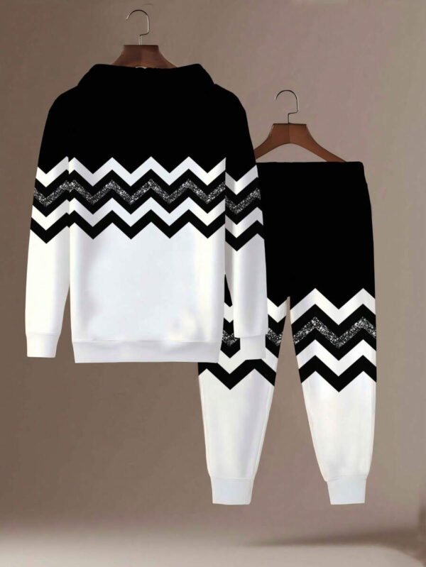 Conjunto de sudadera con capucha en zigzag negro y blanco con la letra KING, conjunto deportivo de 2 piezas con rayas reflectantes para hombres de talla grande - Imagen 4
