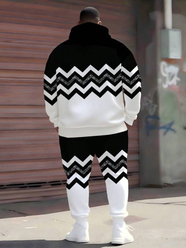 Conjunto de sudadera con capucha en zigzag negro y blanco con la letra KING, conjunto deportivo de 2 piezas con rayas reflectantes para hombres de talla grande - Imagen 5