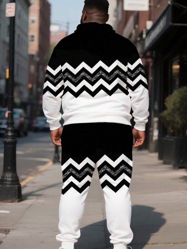 Conjunto de sudadera con capucha en zigzag negro y blanco con la letra KING, conjunto deportivo de 2 piezas con rayas reflectantes para hombres de talla grande - Imagen 6