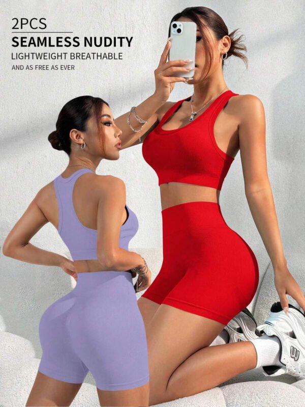 Conjunto casual de pantalón corto y Top sin mangas de unicolor para mujer, conjunto de gimnasio y entrenamiento - Imagen 30