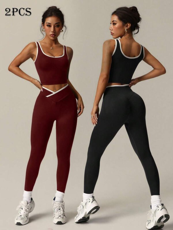 Studio Sport Conjunto de 2 piezas de top de yoga y leggings con acabado en color contrastante para mujer - Conjunto deportivo para mujer - Ropa deportiva para mujer - Ropa atlética para mujer - Ropa de ejercicio - Imagen 32