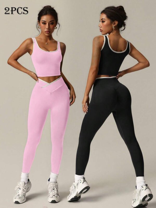 Studio Sport Conjunto de 2 piezas de top de yoga y leggings con acabado en color contrastante para mujer - Conjunto deportivo para mujer - Ropa deportiva para mujer - Ropa atlética para mujer - Ropa de ejercicio - Imagen 40