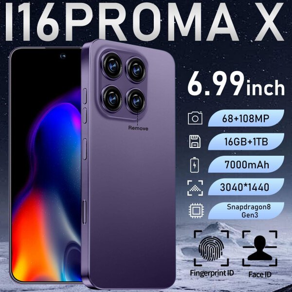 Teléfono celular desbloqueado de 16PROMA X 16+1TB, pantalla HD de 6.99 pulgadas, batería de 7000 mAh, Android 14, desbloqueo de botón de identificación facial, desbloqueo de botón de huellas - Imagen 2