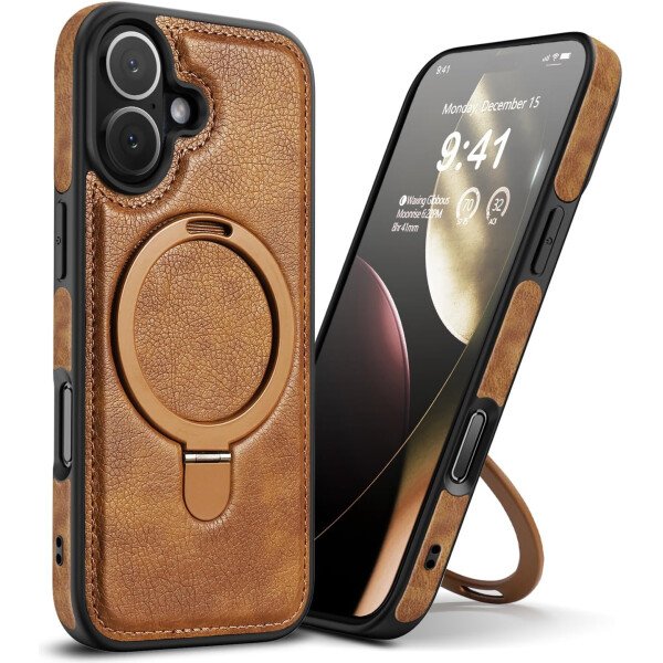 Funda magnética de piel para iPhone 14/13, soporte invisible [compatible con Magsafe] funda delgada de teléfono (marrón, iPhone 14/13) - Imagen 2