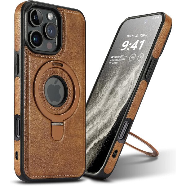 Funda magnética de piel para iPhone 14/13, soporte invisible [compatible con Magsafe] funda delgada de teléfono (marrón, iPhone 14/13) - Imagen 26