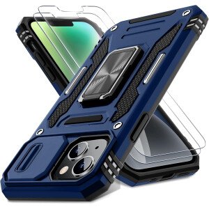 DEERLAMN Funda para iPhone 13/iPhone 14 de 6.1 pulgadas con cubierta deslizante para cámara + protector de pantalla (2 unidades), soporte de anillo giratorio de grado militar a prueba de golpes, color