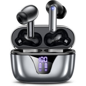 ZIUTY Auriculares inalámbricos Bluetooth, auriculares de reproducción de 50 horas con micrófono, funda de carga con pantalla digital LED, IPX7 impermeable, graves profundos estéreo, auriculares