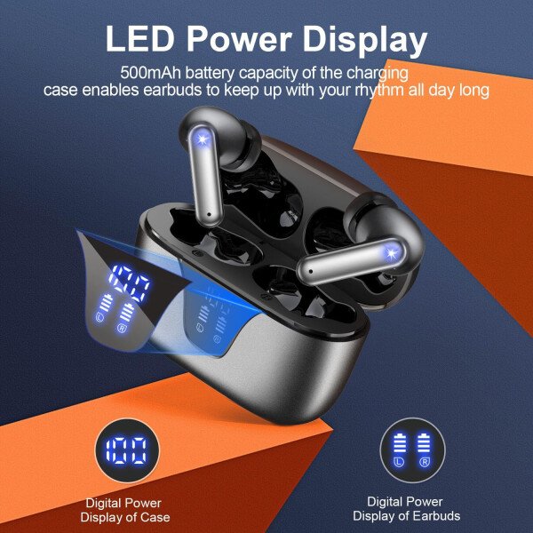 ZIUTY Auriculares inalámbricos Bluetooth, auriculares de reproducción de 50 horas con micrófono, funda de carga con pantalla digital LED, IPX7 impermeable, graves profundos estéreo, auriculares - Imagen 2