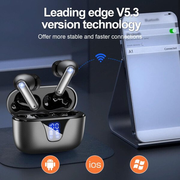 ZIUTY Auriculares inalámbricos Bluetooth, auriculares de reproducción de 50 horas con micrófono, funda de carga con pantalla digital LED, IPX7 impermeable, graves profundos estéreo, auriculares - Imagen 6