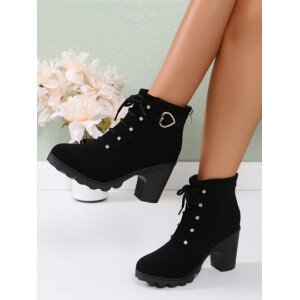 Botas elegantes y ligeras para mujeres con decoración de rhinestones, hebilla, cordones frontales, cremallera trasera y tacón ancho