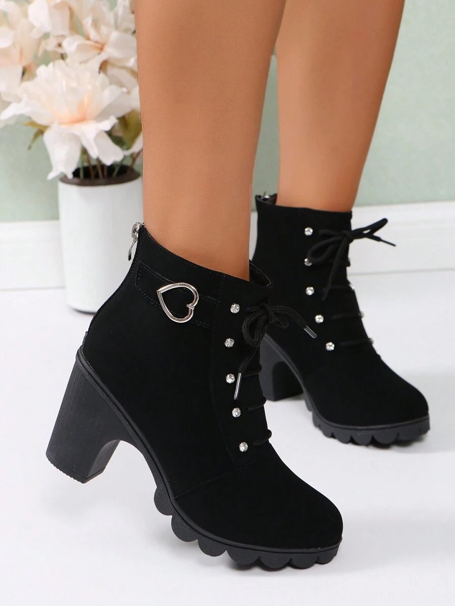 Botas elegantes y ligeras para mujeres con decoración de rhinestones, hebilla, cordones frontales, cremallera trasera y tacón ancho - Imagen 3