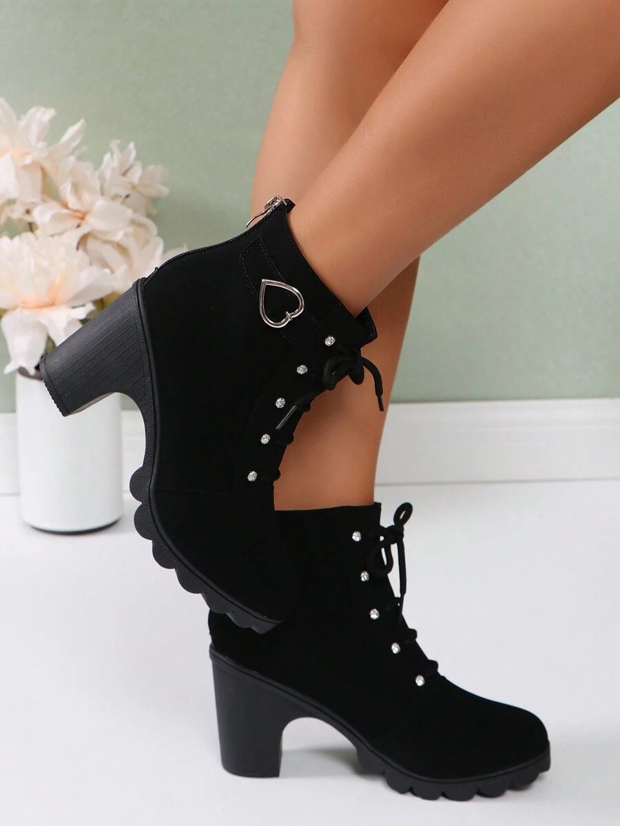 Botas elegantes y ligeras para mujeres con decoración de rhinestones, hebilla, cordones frontales, cremallera trasera y tacón ancho - Imagen 4