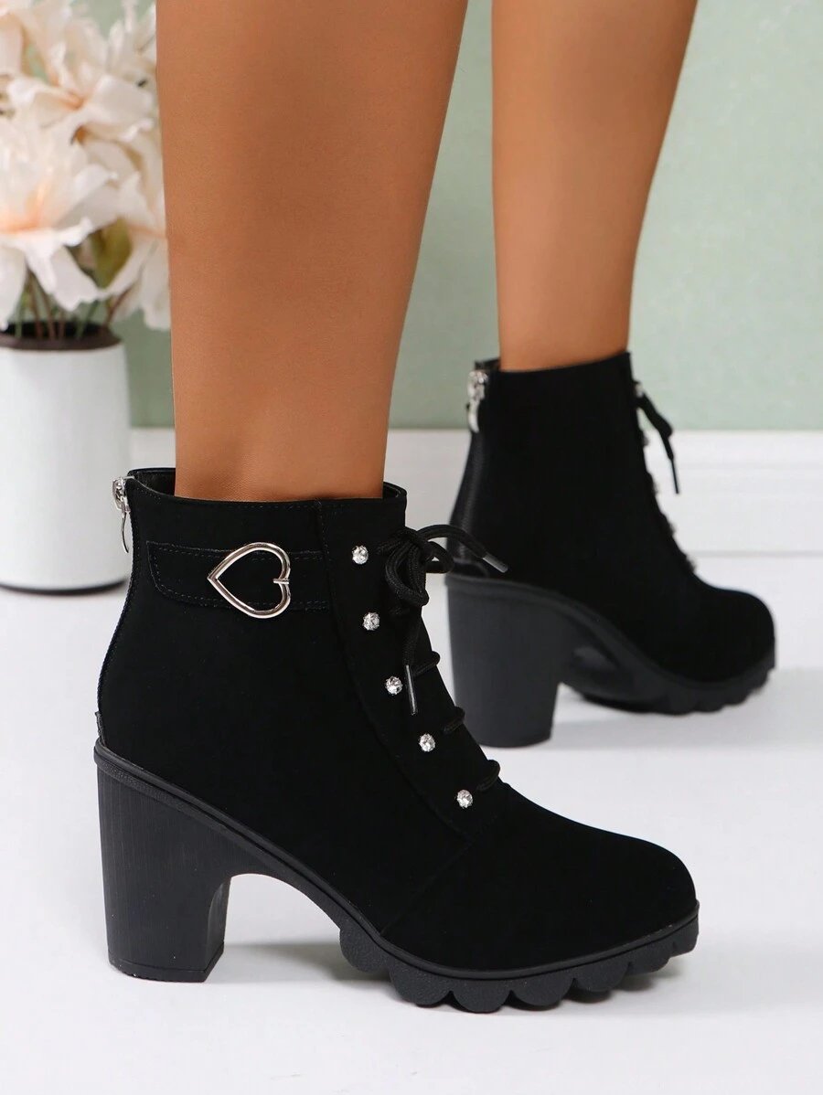 Botas elegantes y ligeras para mujeres con decoración de rhinestones, hebilla, cordones frontales, cremallera trasera y tacón ancho - Imagen 5