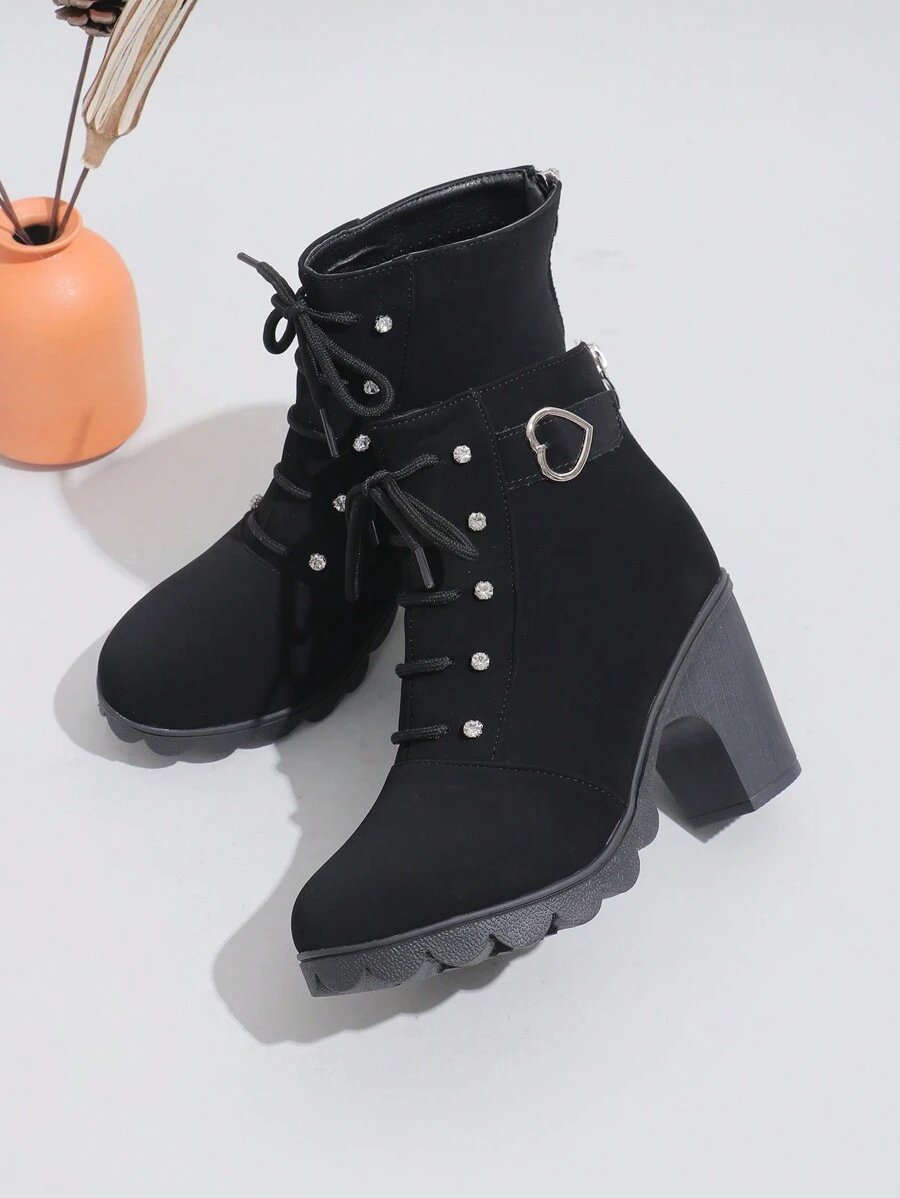 Botas elegantes y ligeras para mujeres con decoración de rhinestones, hebilla, cordones frontales, cremallera trasera y tacón ancho - Imagen 6