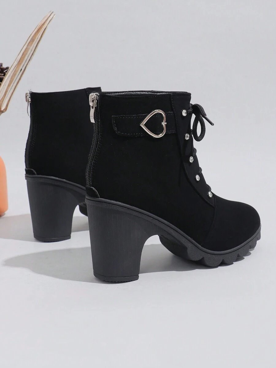 Botas elegantes y ligeras para mujeres con decoración de rhinestones, hebilla, cordones frontales, cremallera trasera y tacón ancho - Imagen 7