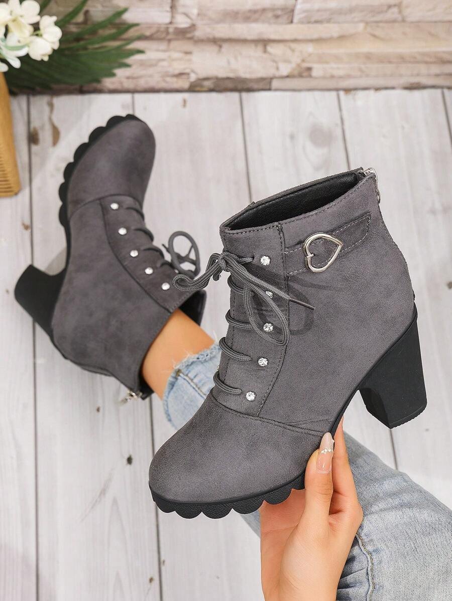 Botas elegantes y ligeras para mujeres con decoración de rhinestones, hebilla, cordones frontales, cremallera trasera y tacón ancho - Imagen 9
