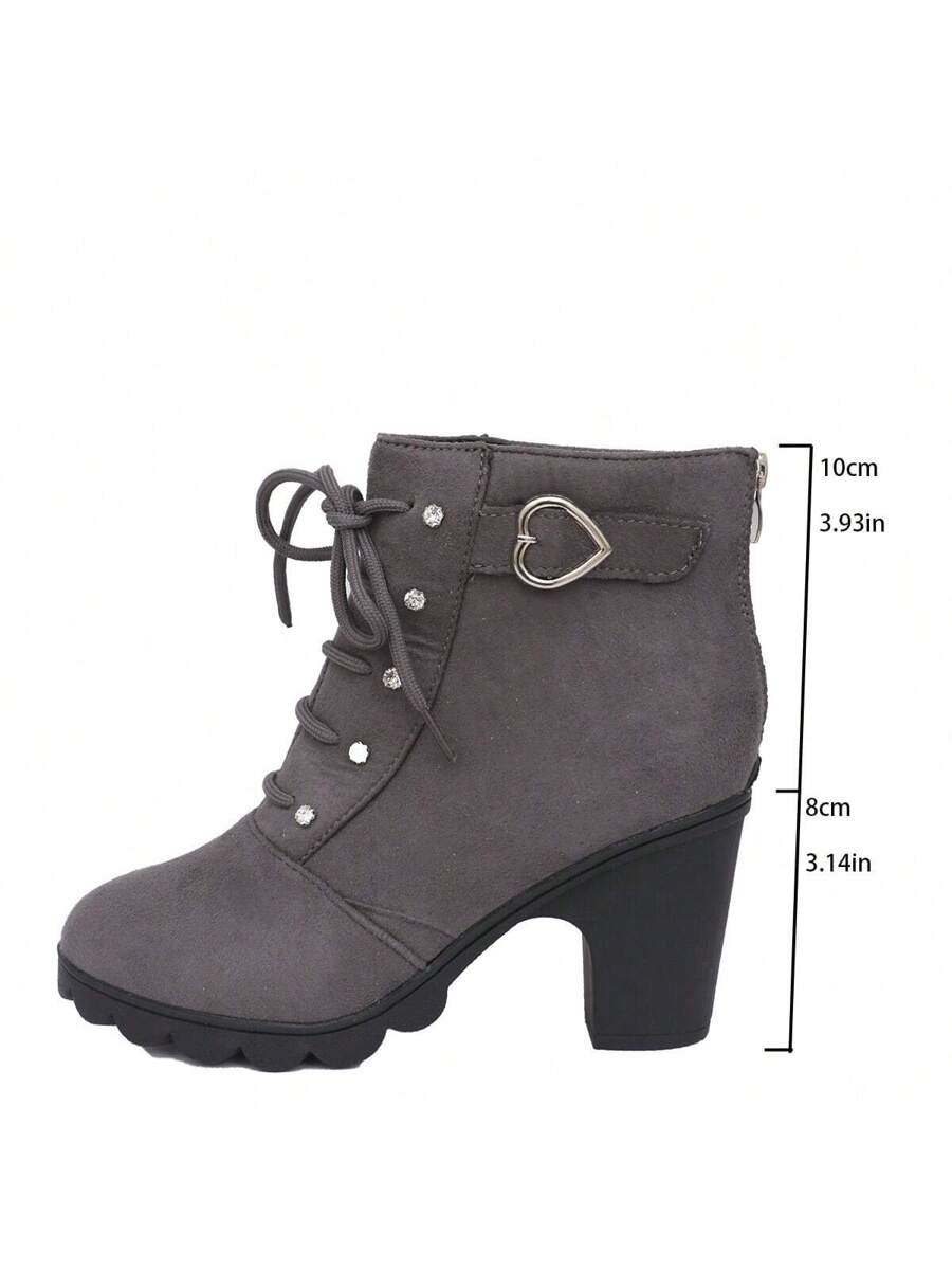 Botas elegantes y ligeras para mujeres con decoración de rhinestones, hebilla, cordones frontales, cremallera trasera y tacón ancho - Imagen 10