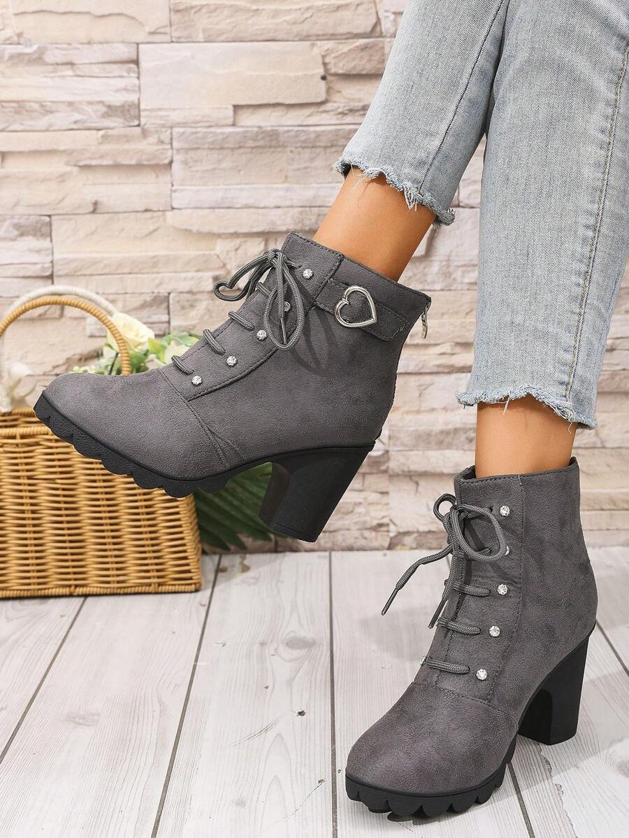 Botas elegantes y ligeras para mujeres con decoración de rhinestones, hebilla, cordones frontales, cremallera trasera y tacón ancho - Imagen 11