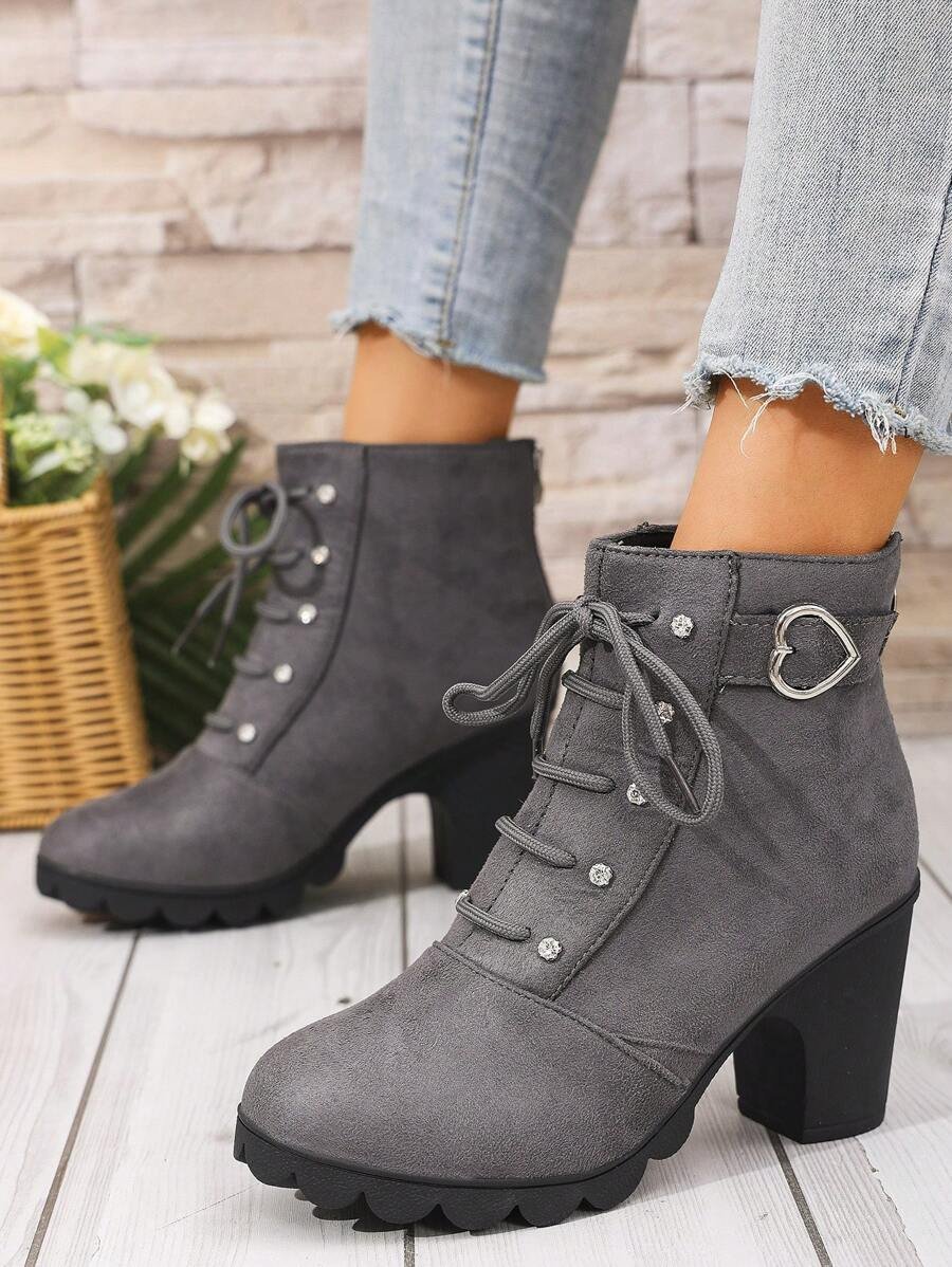 Botas elegantes y ligeras para mujeres con decoración de rhinestones, hebilla, cordones frontales, cremallera trasera y tacón ancho - Imagen 12