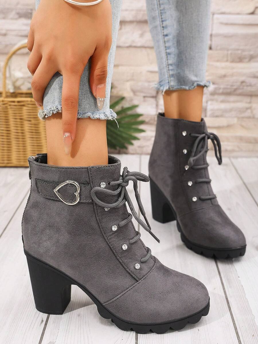 Botas elegantes y ligeras para mujeres con decoración de rhinestones, hebilla, cordones frontales, cremallera trasera y tacón ancho - Imagen 13